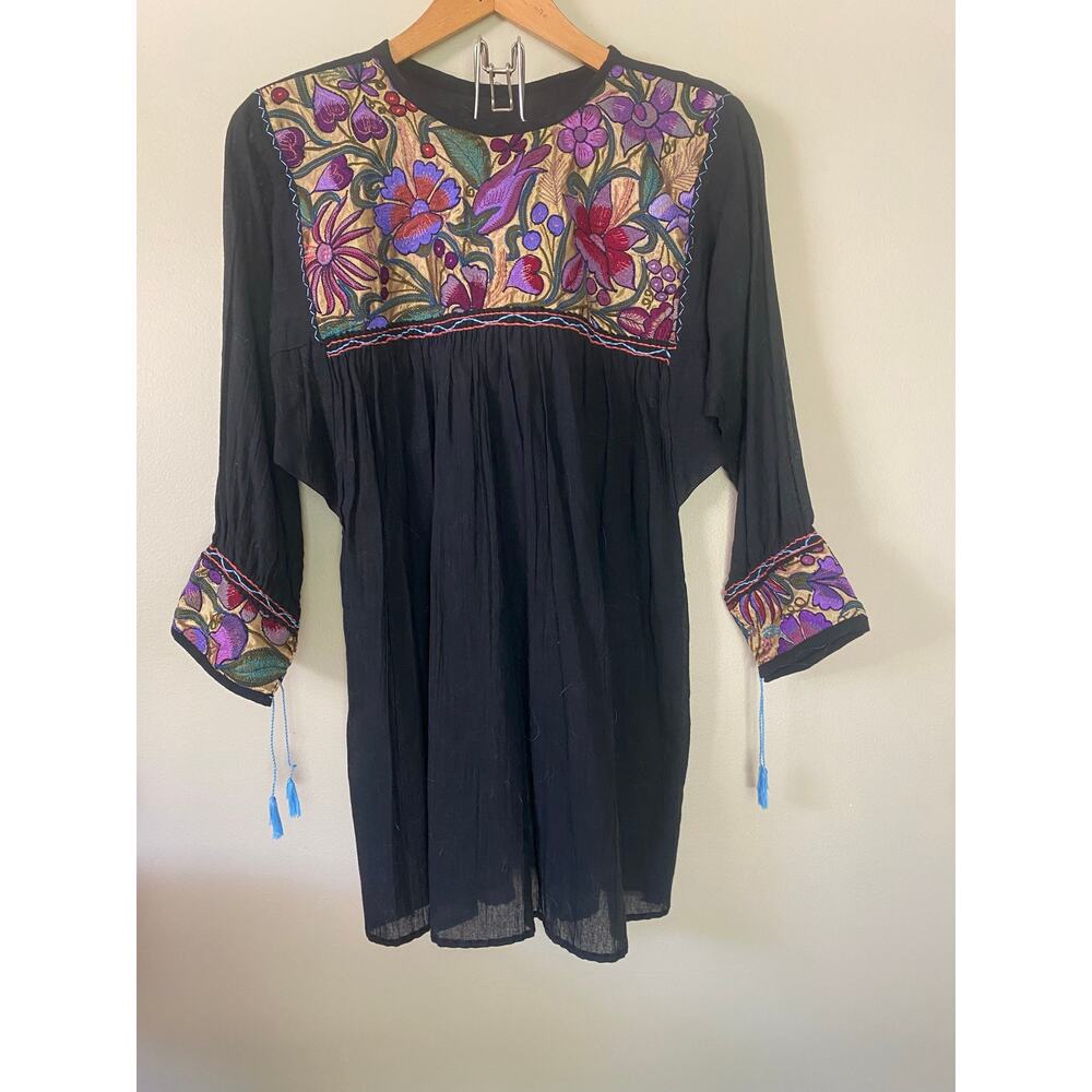 Mexican Embroidered Handmade Top Black Colorful Boho Lightweight